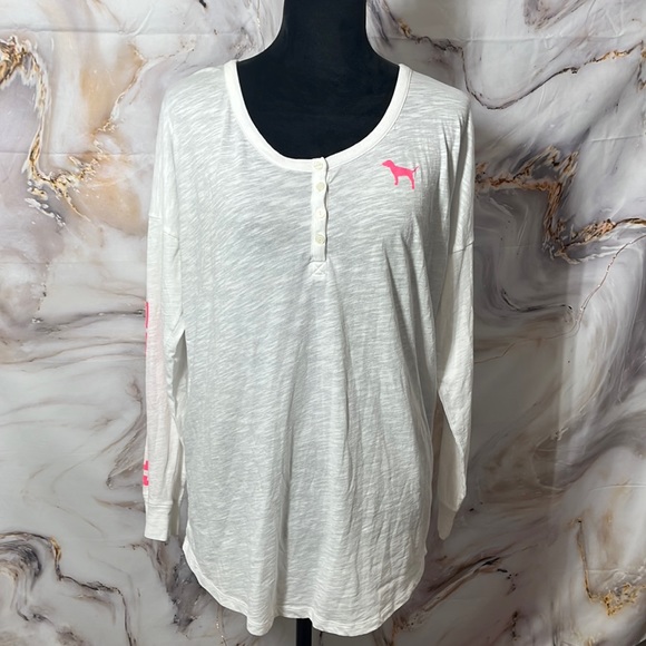 PINK Victoria's Secret Tops - Victorias Secret PINK Long Sleeve Logo T White & Hot Pink Sz M